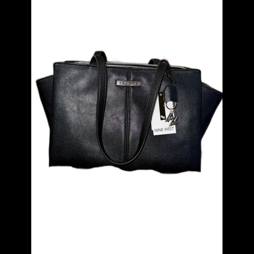 Nine West Black Leather Tote with Logo Charm